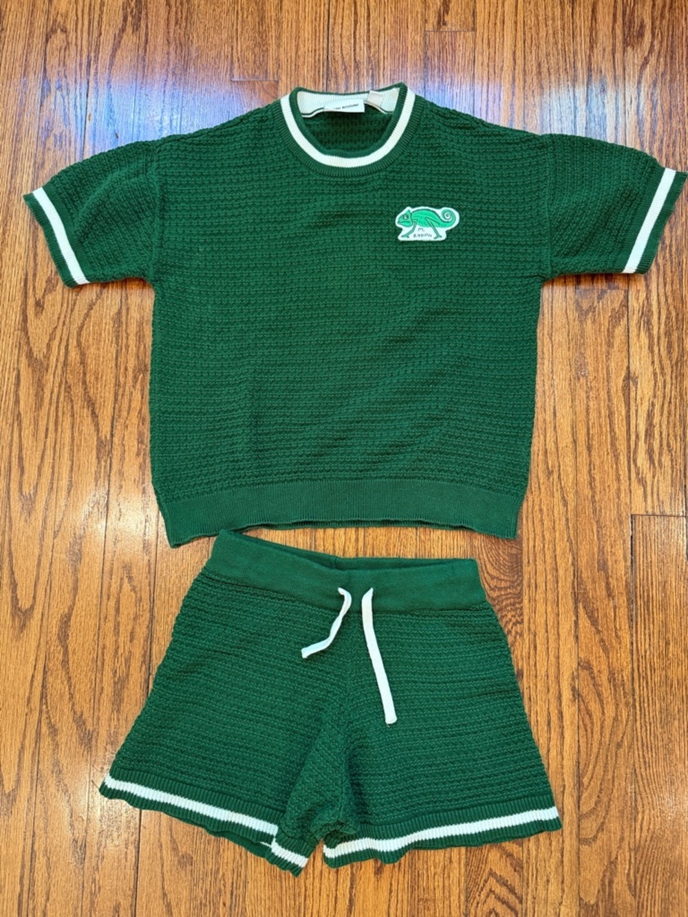 Mini Rodini Boy’s Green Knit Two-Piece Lounge Set with Chameleon Patch